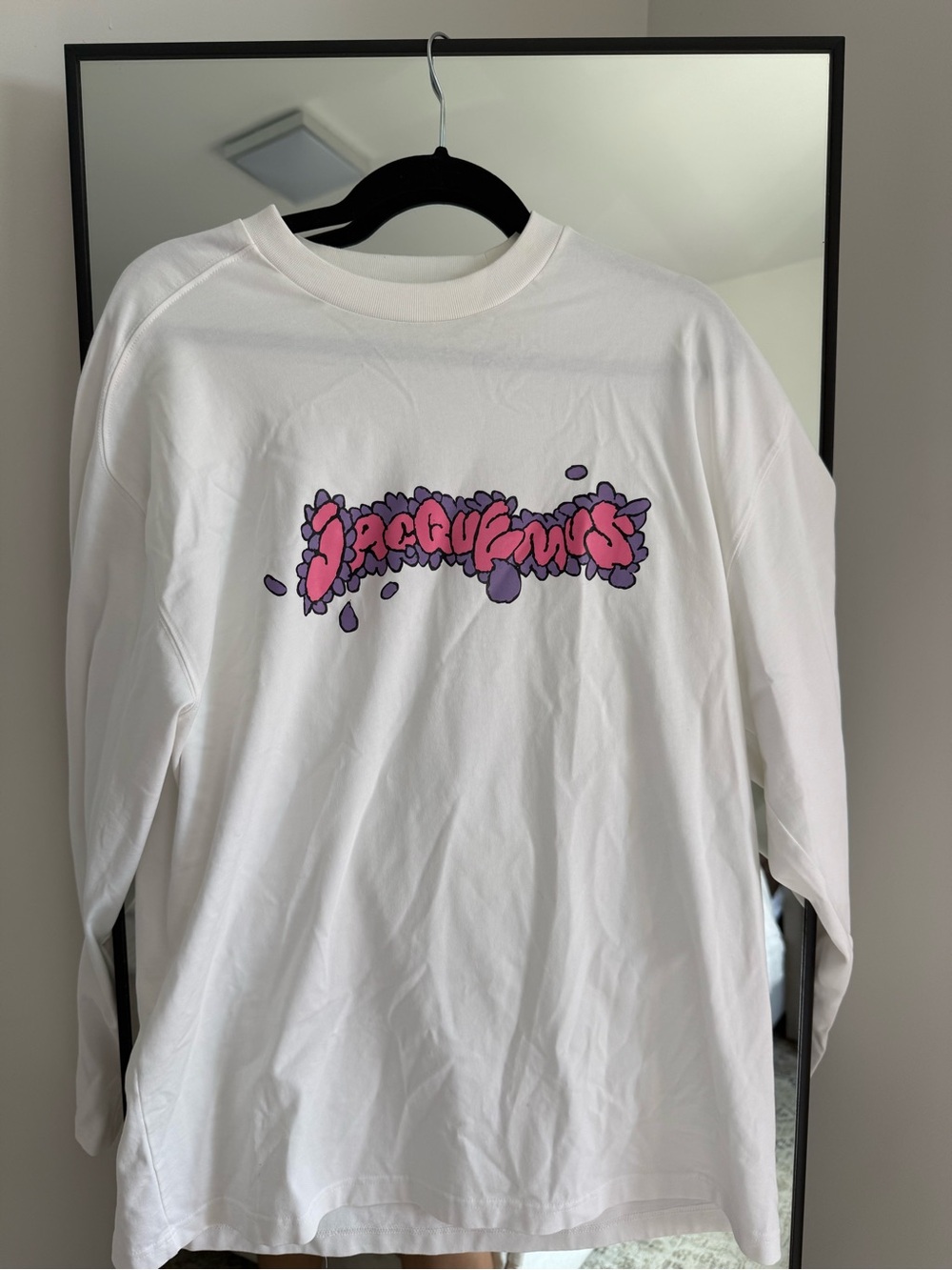 Jacquemus White Long Sleeve Tee with Pink & Purple Logo Splash